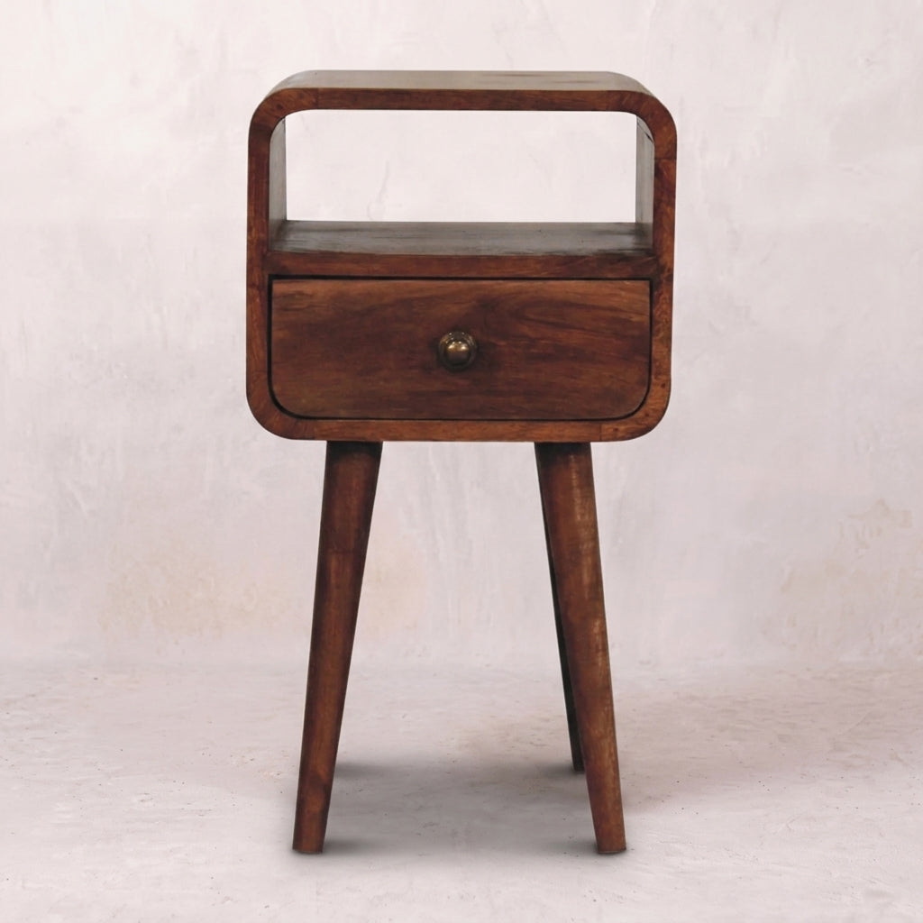 Mini Honey Caramel Curved Bedside with Open Slot