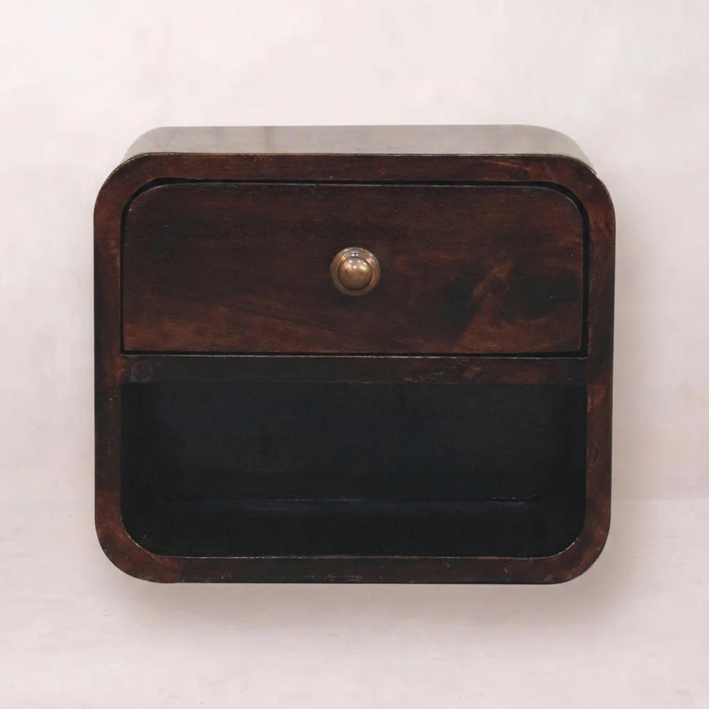 Mini Curved California Walnut Wall Mounted Bedside with Open Slot
