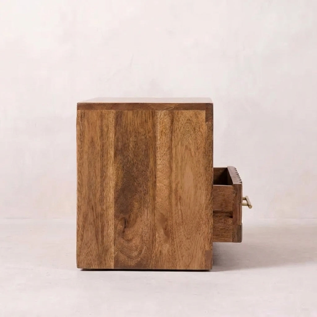 Solid Wood Golden Teak Carved Slot-Drawer Bedside