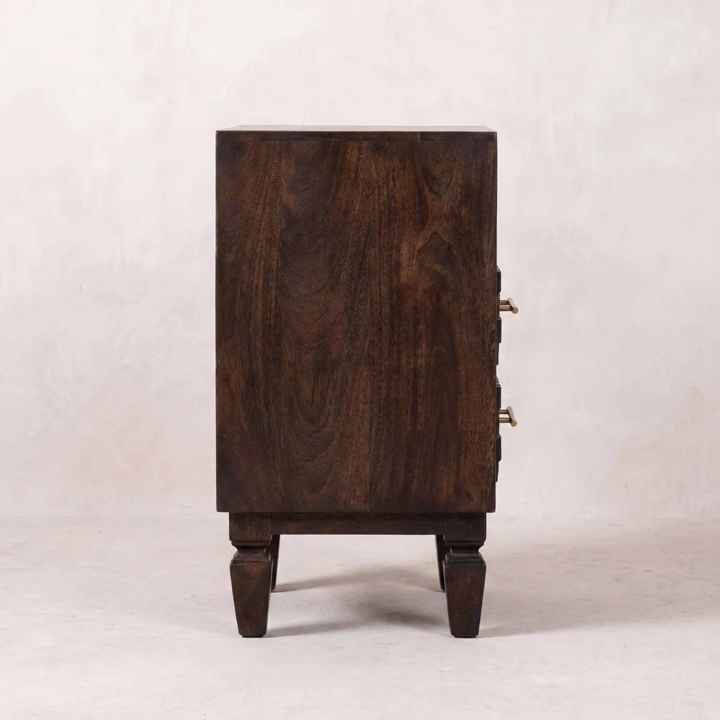Solid Wood Velvet Mocha Carved Bedside Table