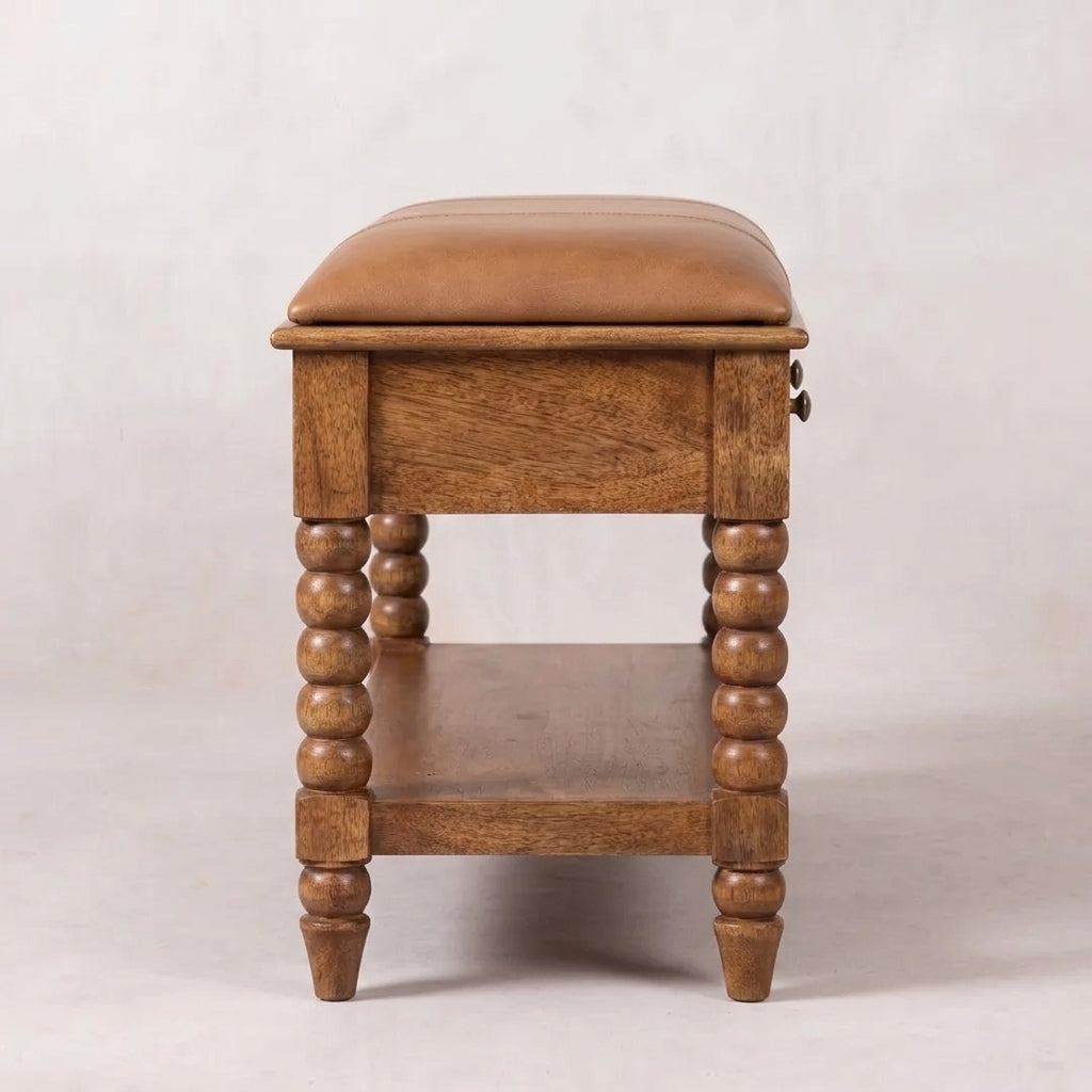 Solid Wood Amber Oak Leather Bench