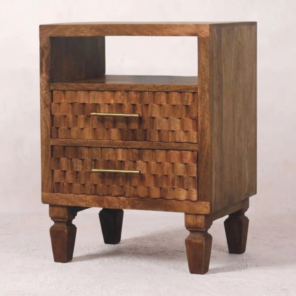 Solid Wood Golden Teak Carved Open-Shelf Bedside
