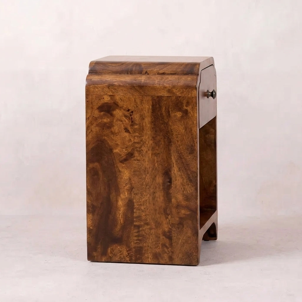 Solid Wood Mini Chestnut Nightstand with a drawer and open shelf