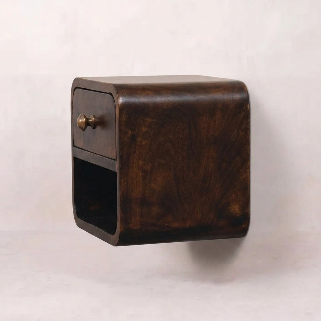 Mini Curved California Walnut Wall Mounted Bedside with Open Slot