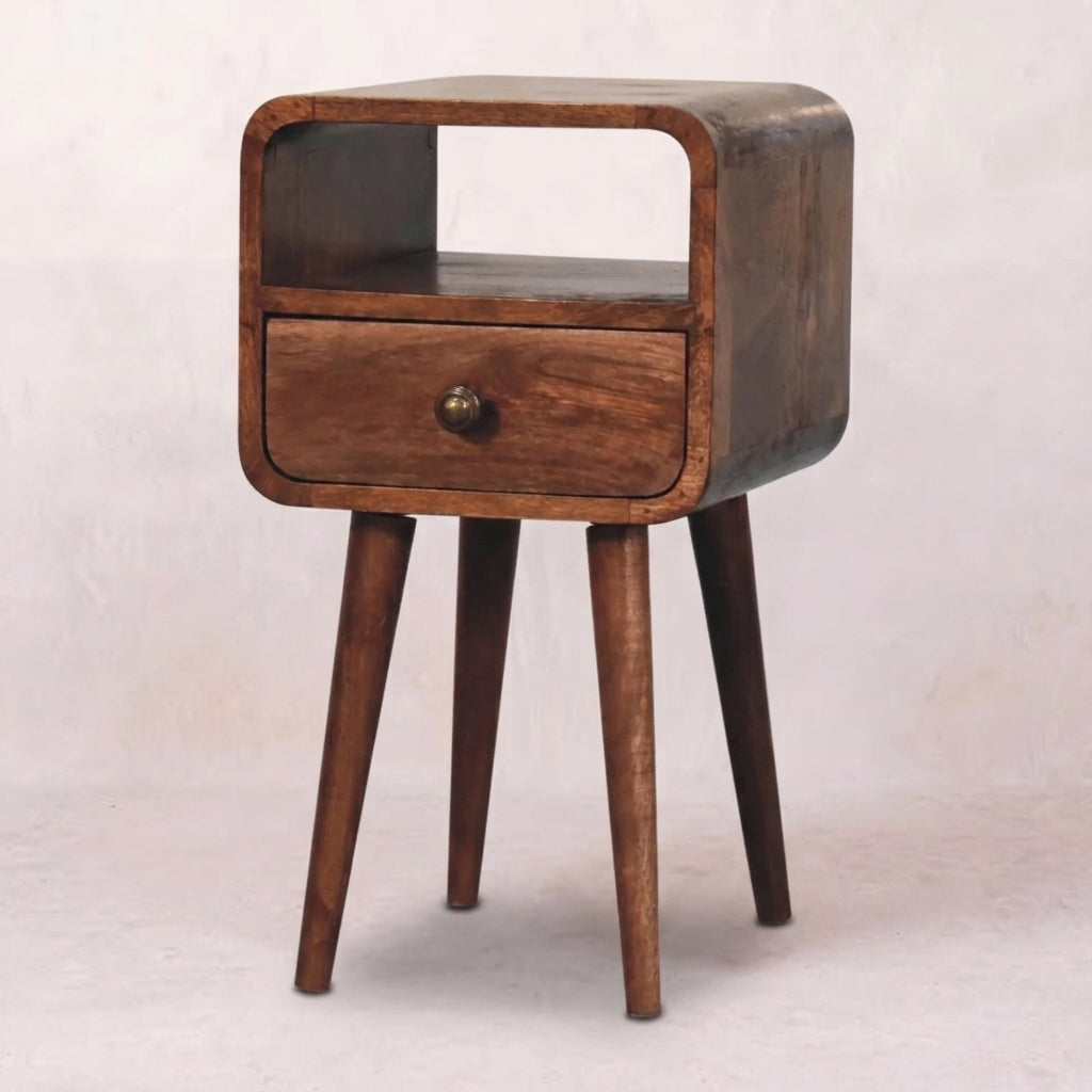 Mini Honey Caramel Curved Bedside with Open Slot
