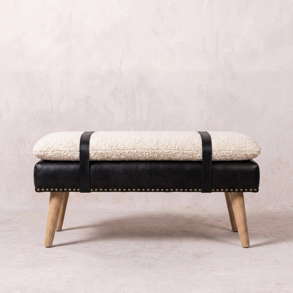 Bouclé Buffalo Hide Black Leather Bench