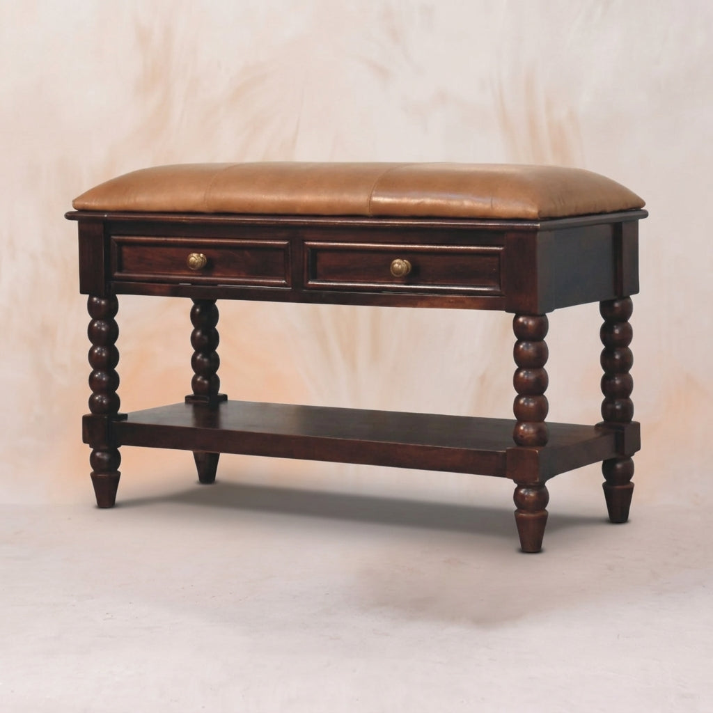 Solid Wood Winewood Oak Leather Bench