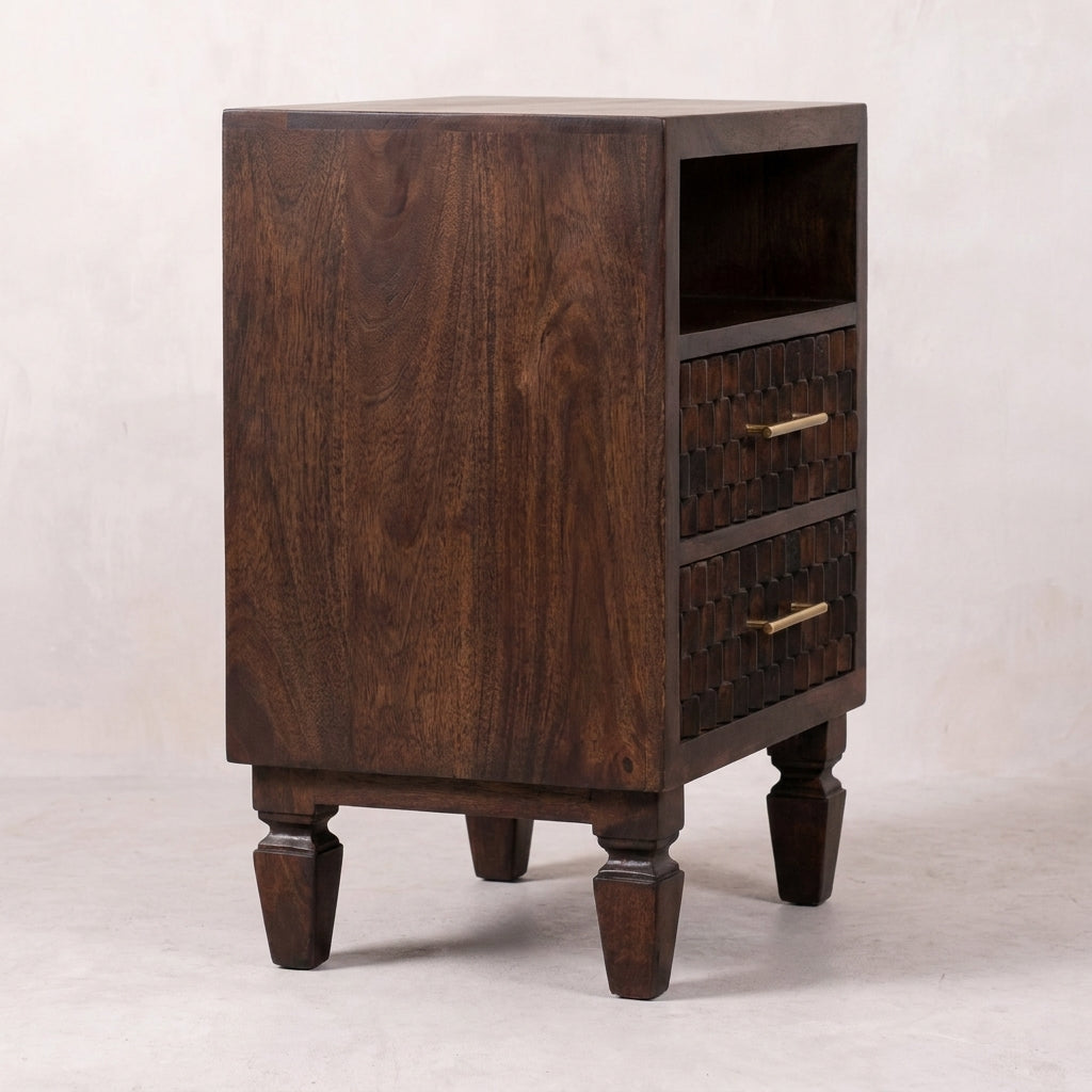 Solid Wood Velvet Mocha Carved Bedside Table