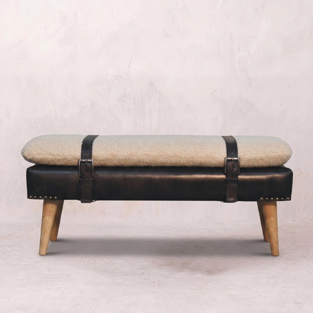 Bouclé Buffalo Hide Black Leather Bench