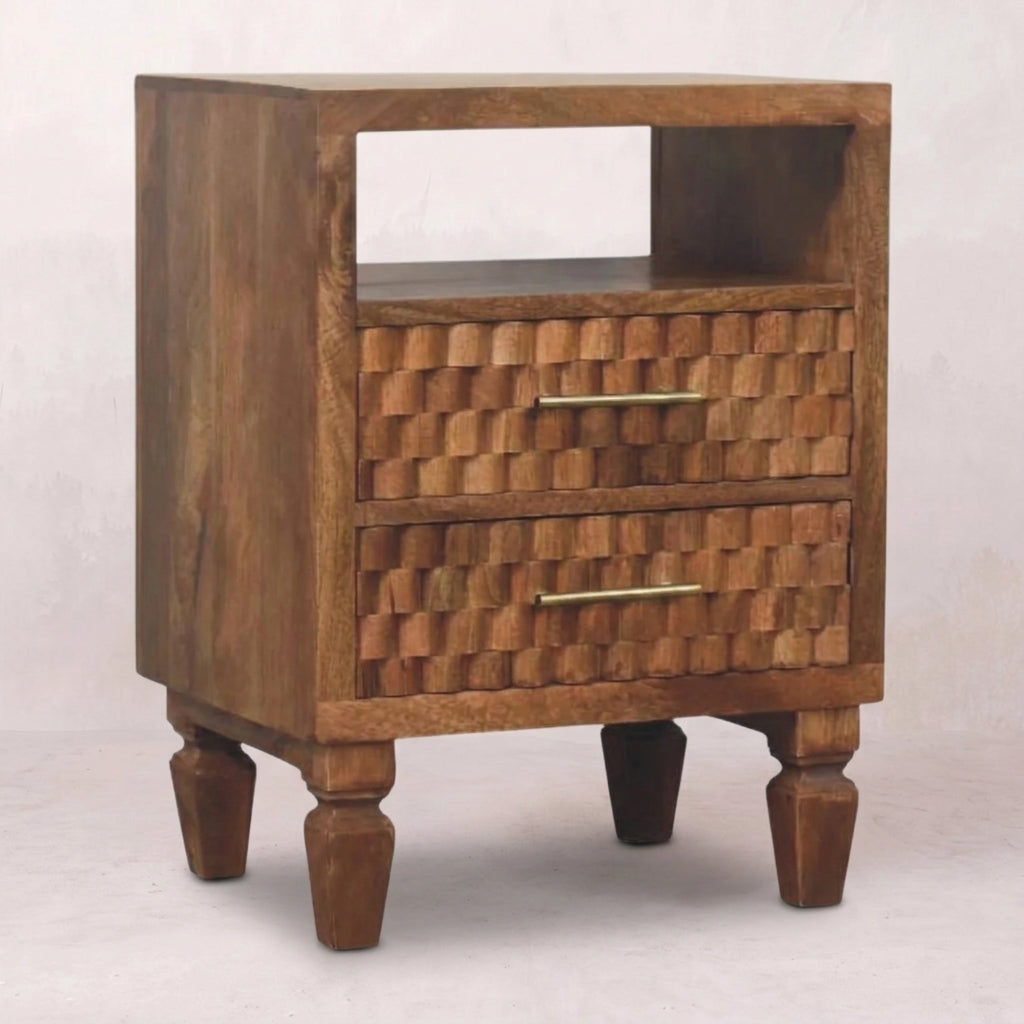 Solid Wood Golden Teak Carved Open-Shelf Bedside
