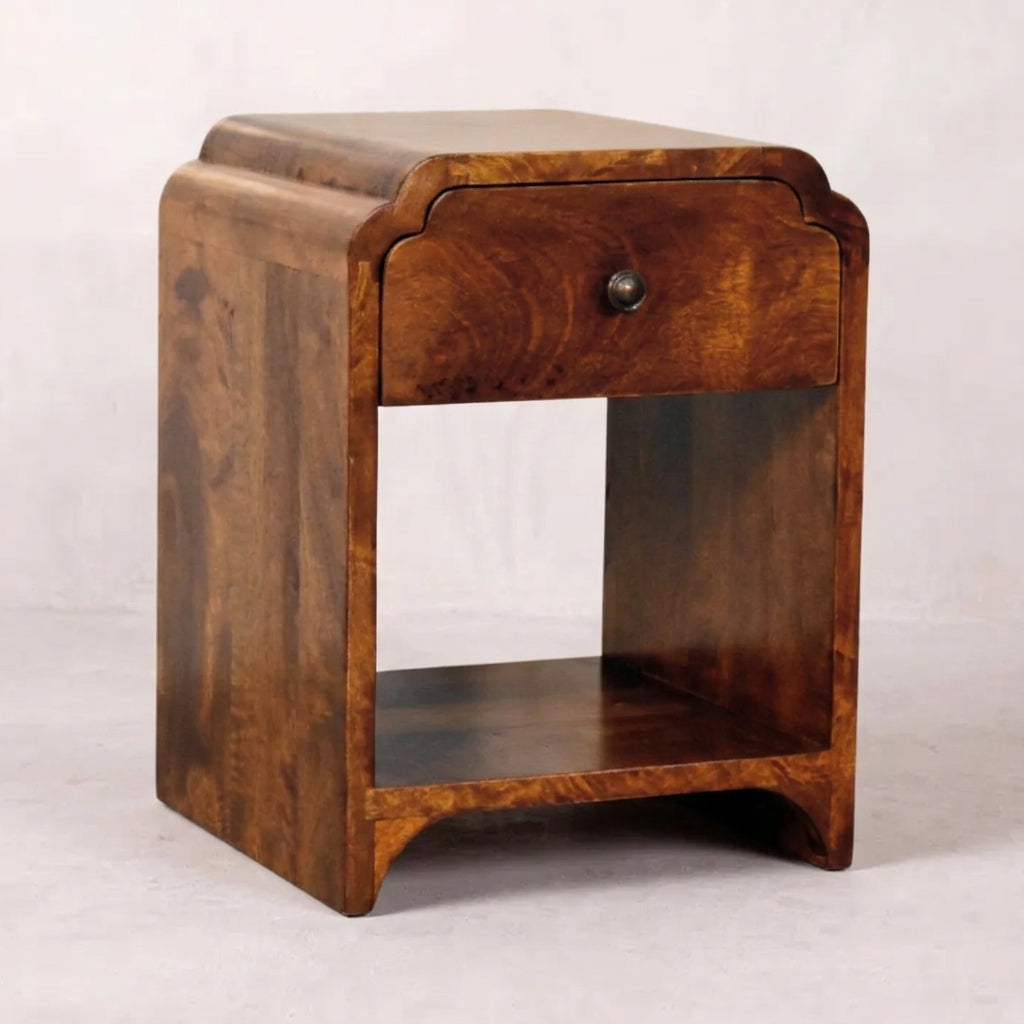 Solid Wood Mini Chestnut Nightstand with a drawer and open shelf