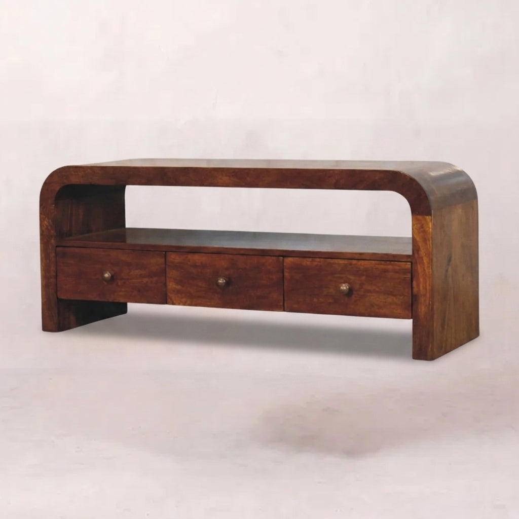 Solid Wood 3 drawer Open Shelf Chestnut Media unit