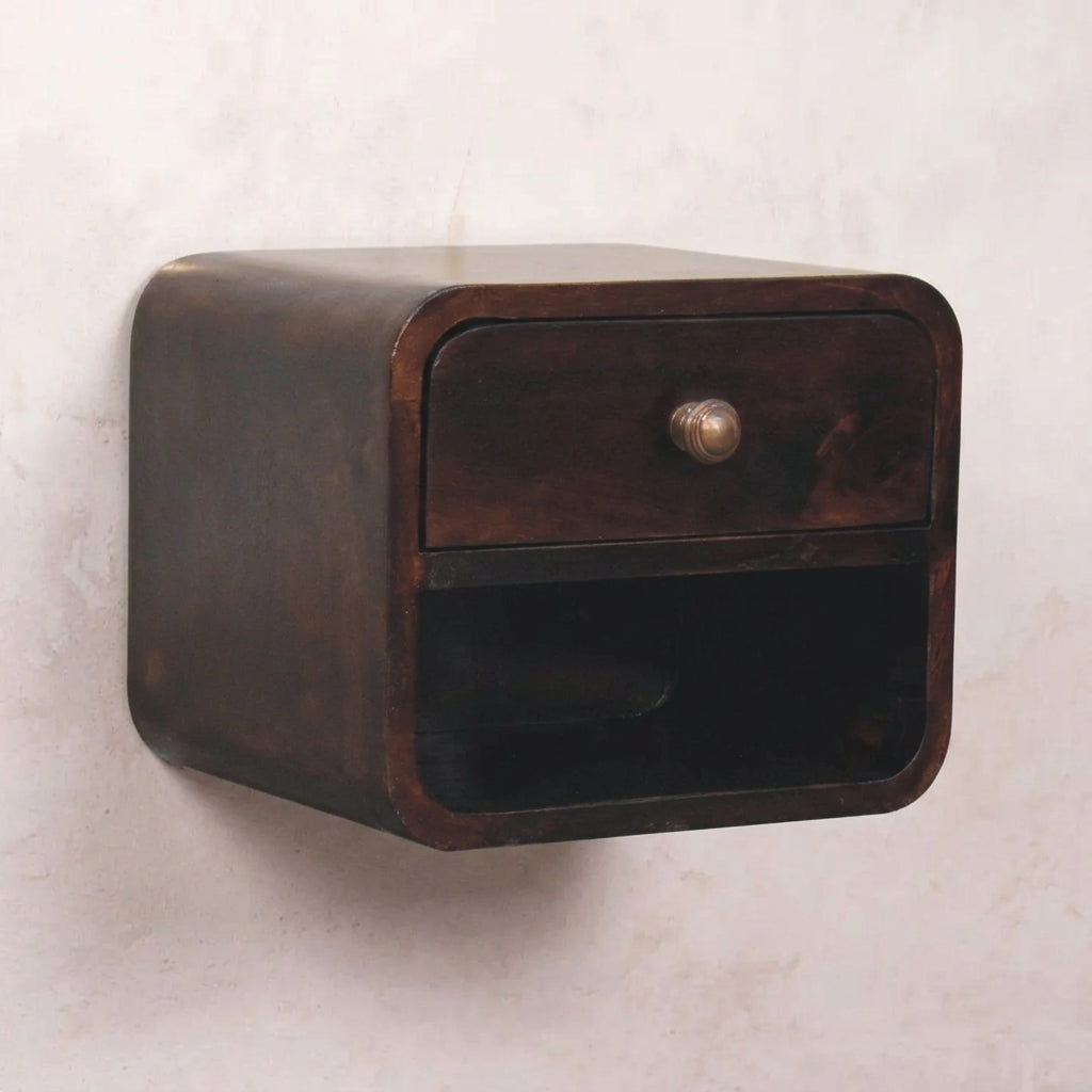 Mini Curved California Walnut Wall Mounted Bedside with Open Slot