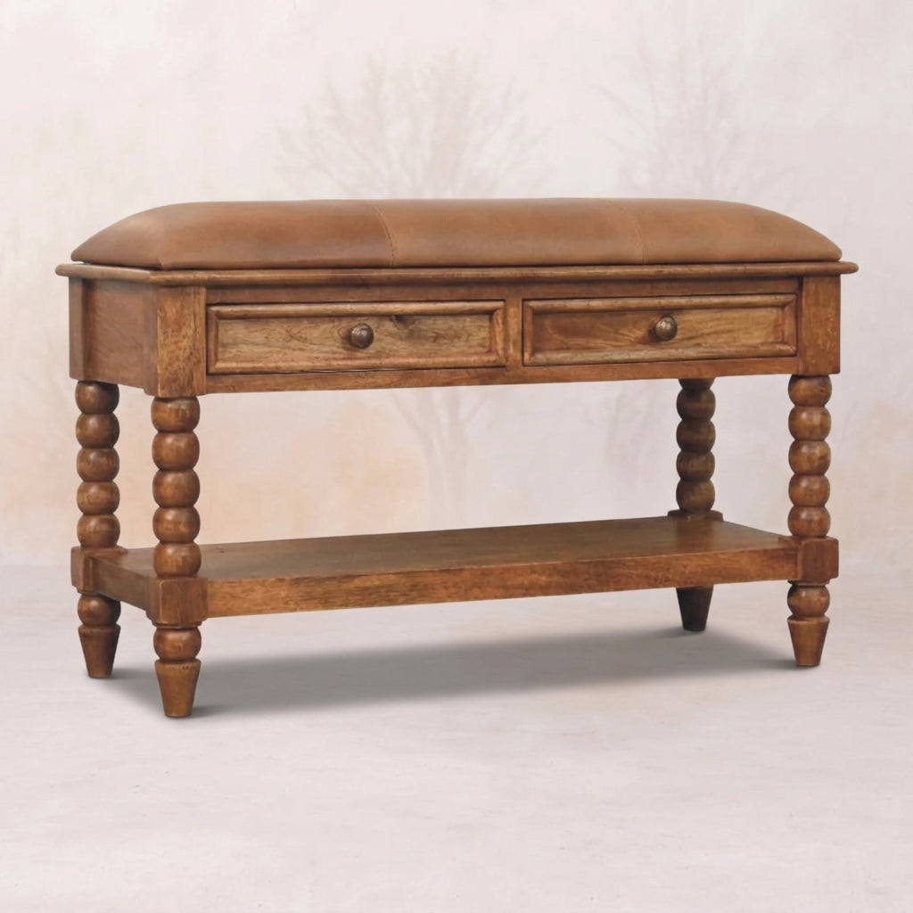 Solid Wood Amber Oak Leather Bench