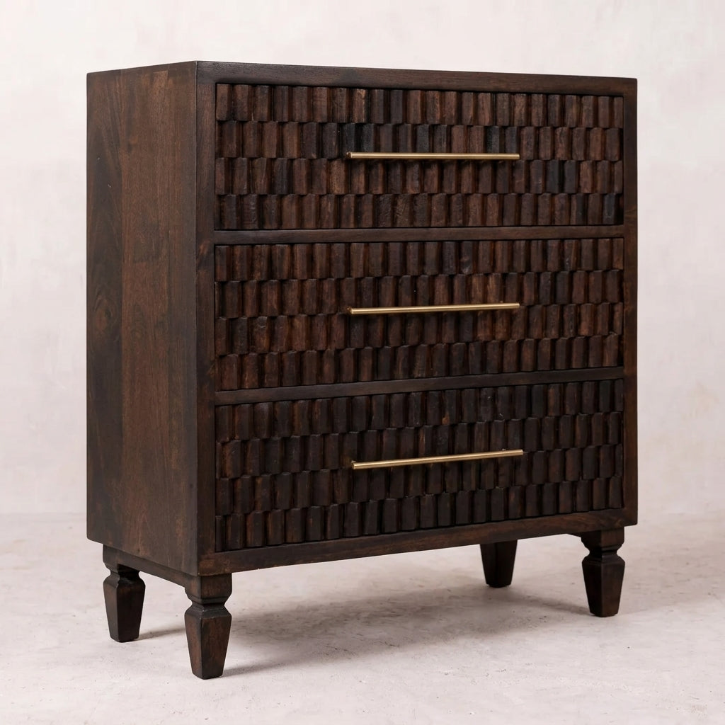 Solid Wood Velvet Mocha Carved Drawer Chest