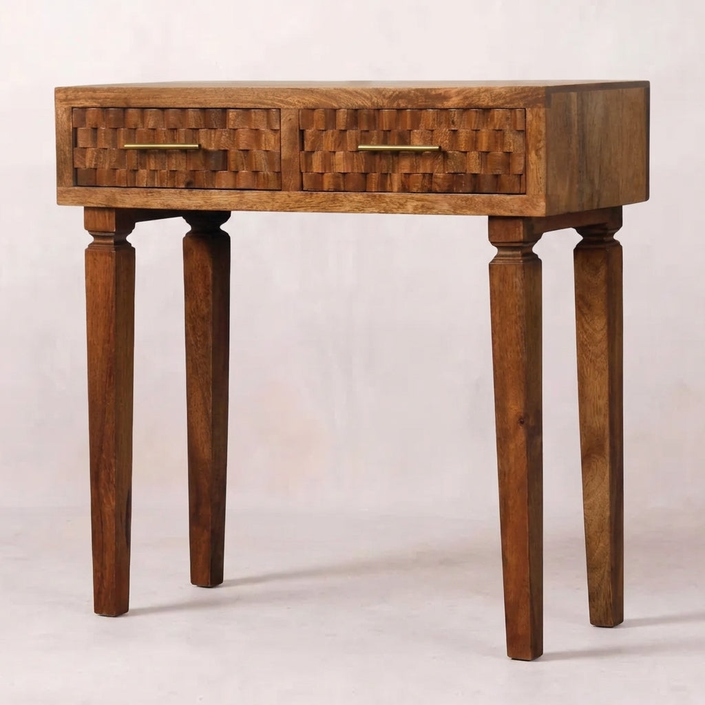 Solid Wood Golden Teak Carved Twin-Drawer Console
