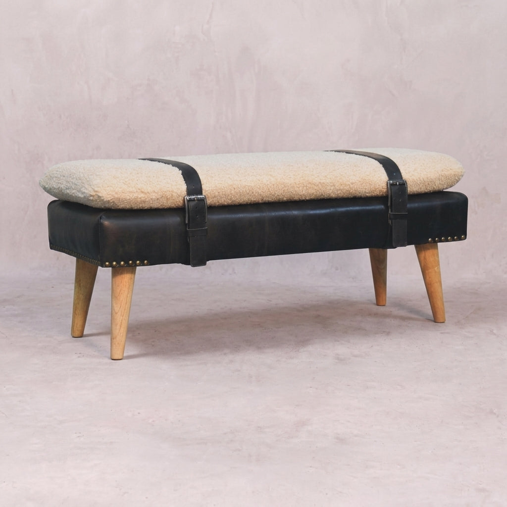 Bouclé Buffalo Hide Black Leather Bench