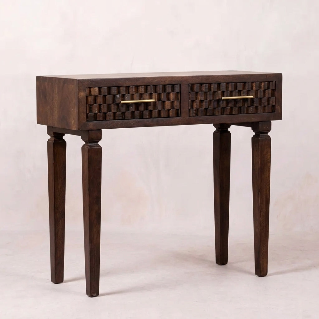 Solid Wood Velvet Mocha Carved Slim Console
