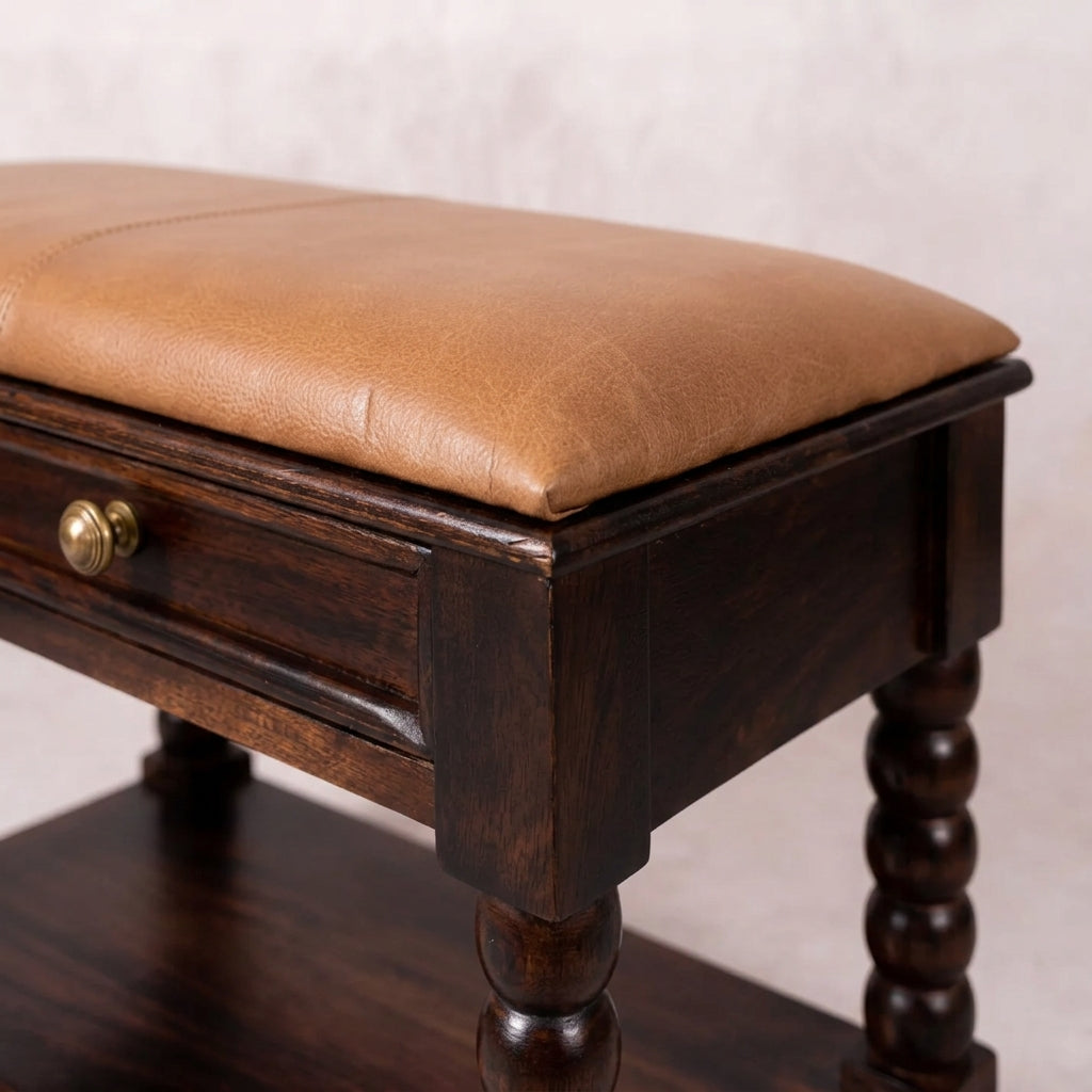 Solid Wood Winewood Oak Leather Bench