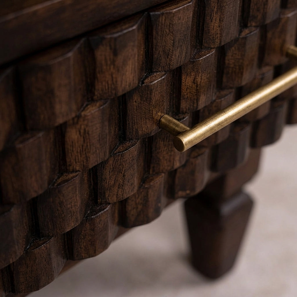 Solid Wood Velvet Mocha Carved Bedside Table