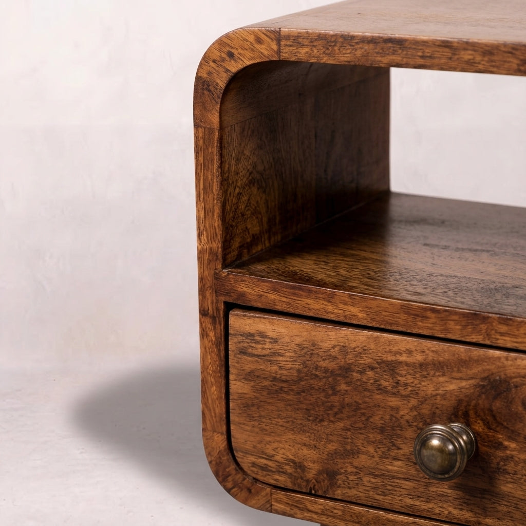 Mini Honey Caramel Curved Bedside with Open Slot