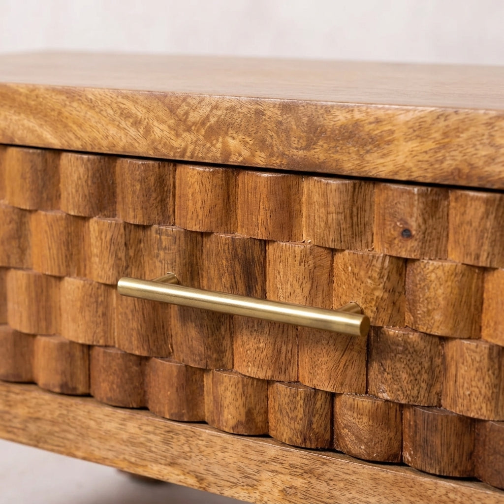Solid Wood Golden Teak Carved Twin-Drawer Console