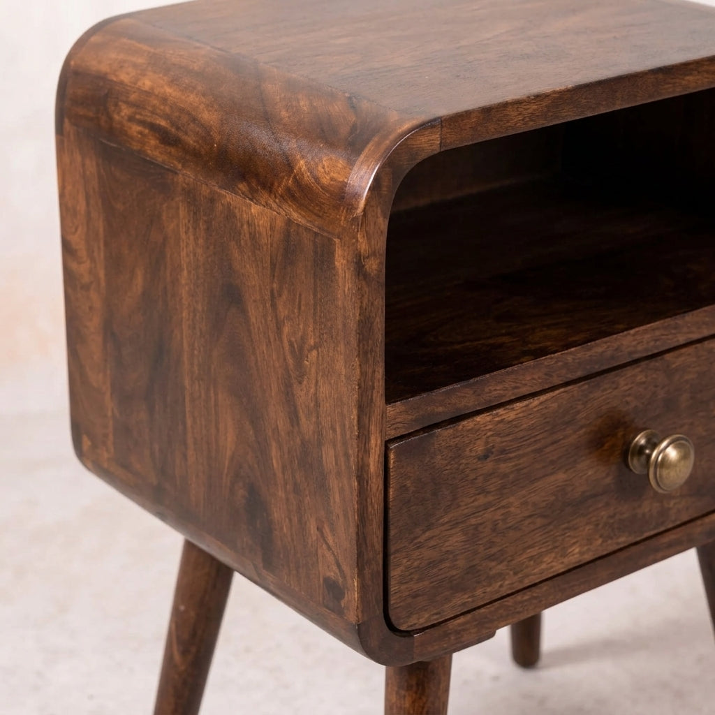 Mini California Walnut Curved Bedside with Open Slot