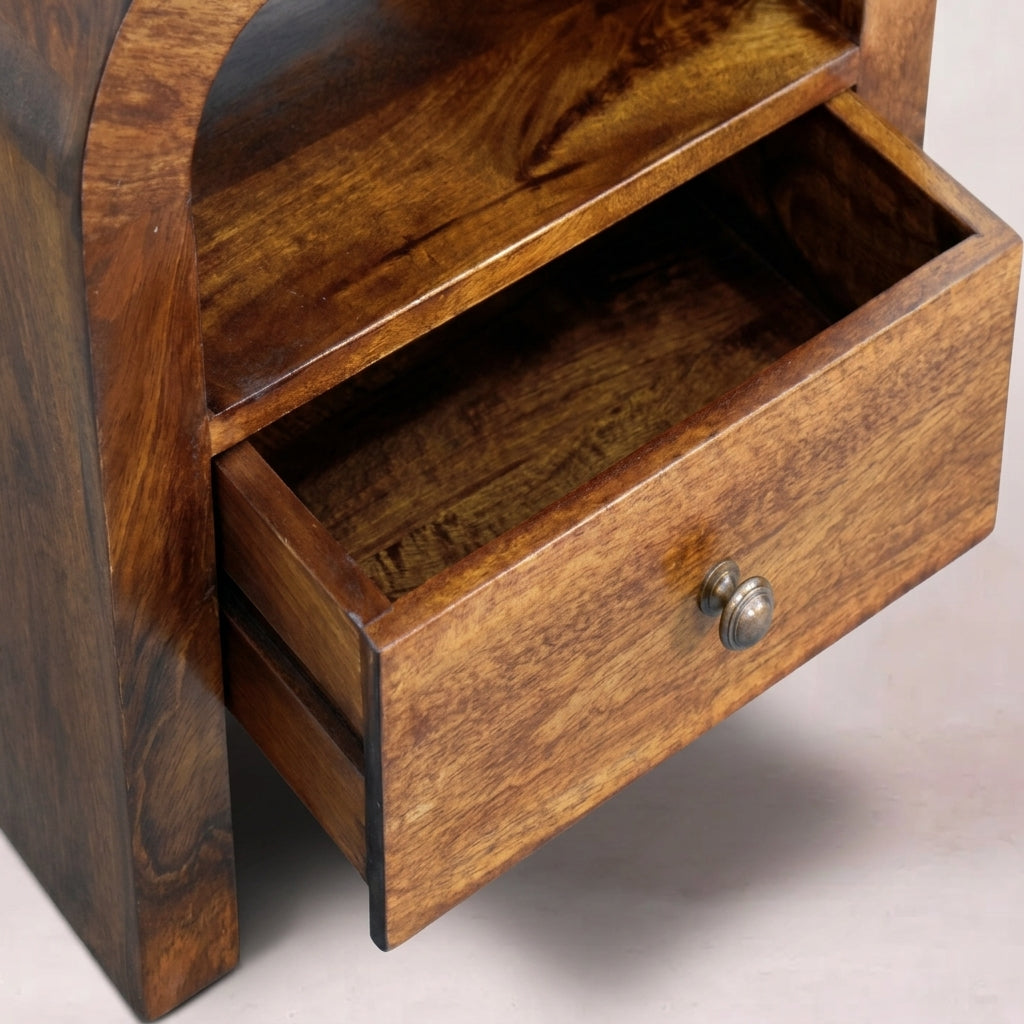 Solid Wood Chestnut Nightstand with Drawer and open shelf