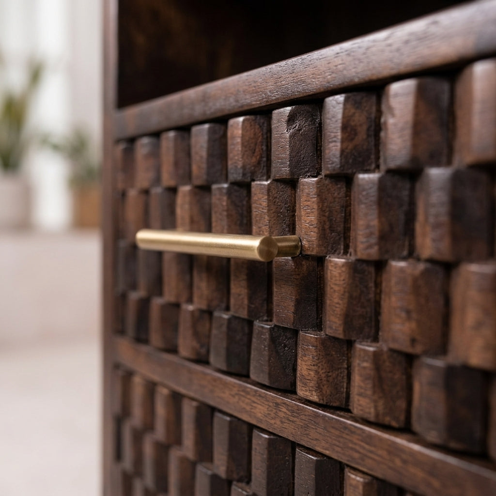 Solid Wood Velvet Mocha Carved Bedside Table