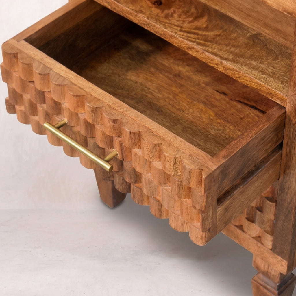 Solid Wood Golden Teak Carved Open-Shelf Bedside