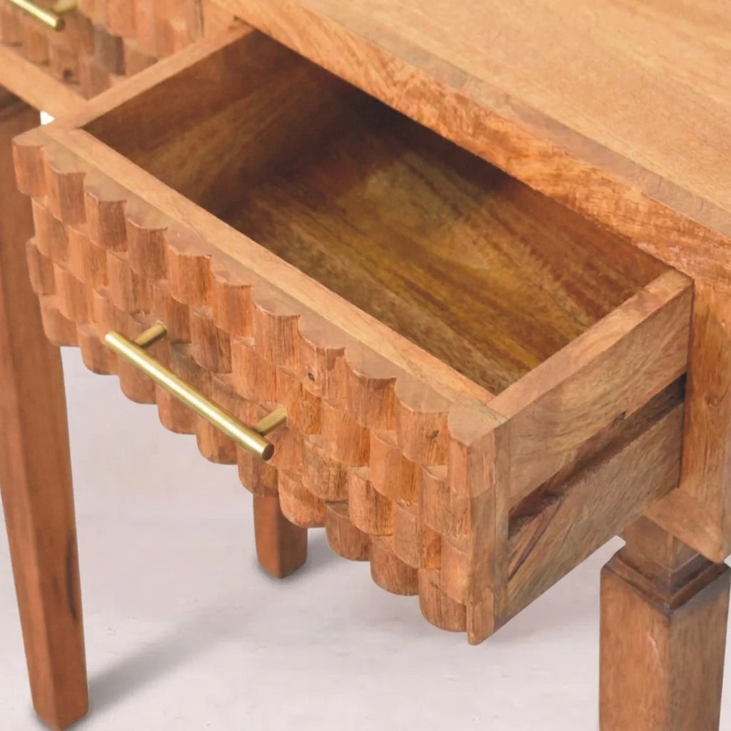 Solid Wood Golden Teak Carved Twin-Drawer Console