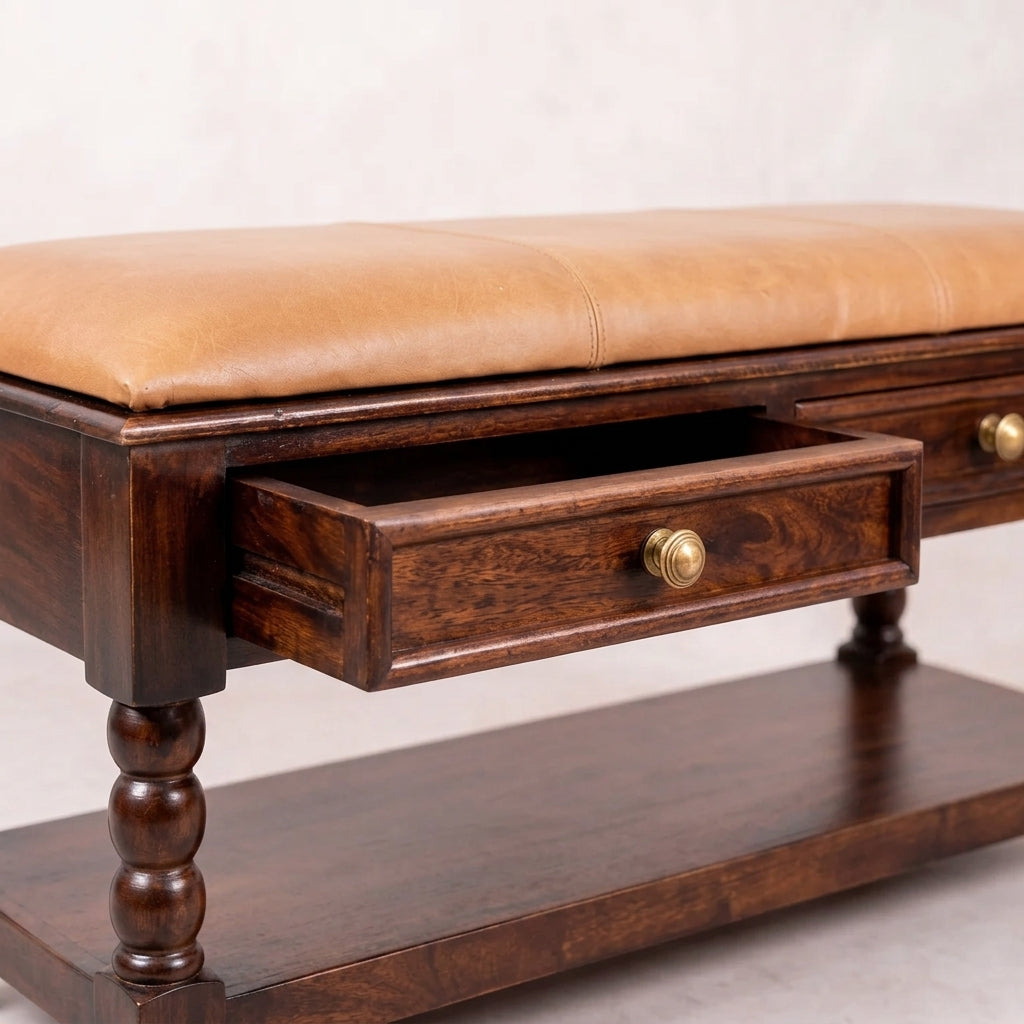 Solid Wood Winewood Oak Leather Bench