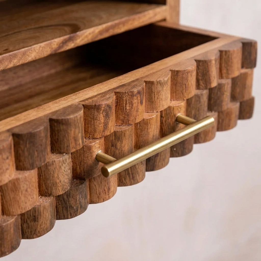 Solid Wood Golden Teak Carved Slot-Drawer Bedside