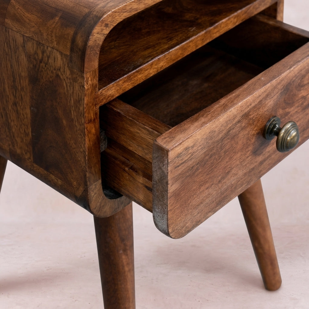 Mini Honey Caramel Curved Bedside with Open Slot