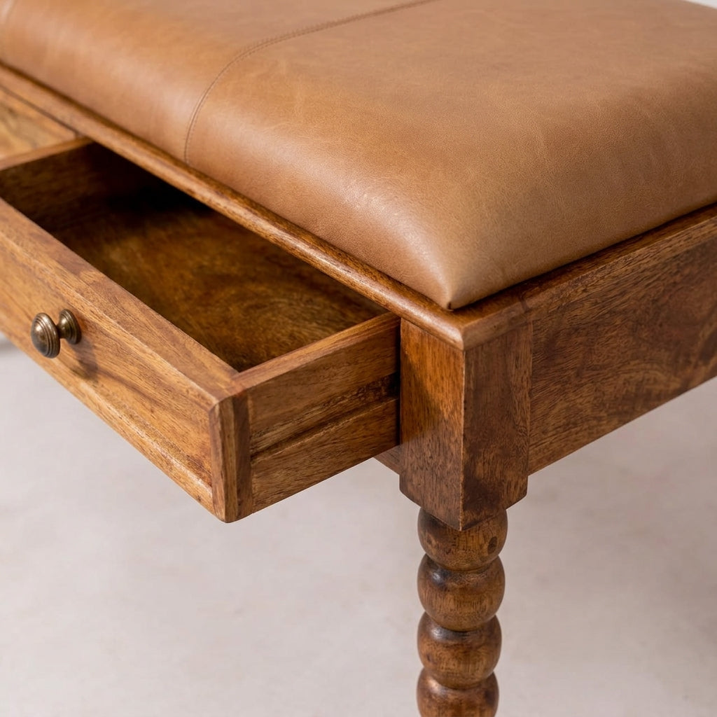 Solid Wood Amber Oak Leather Bench