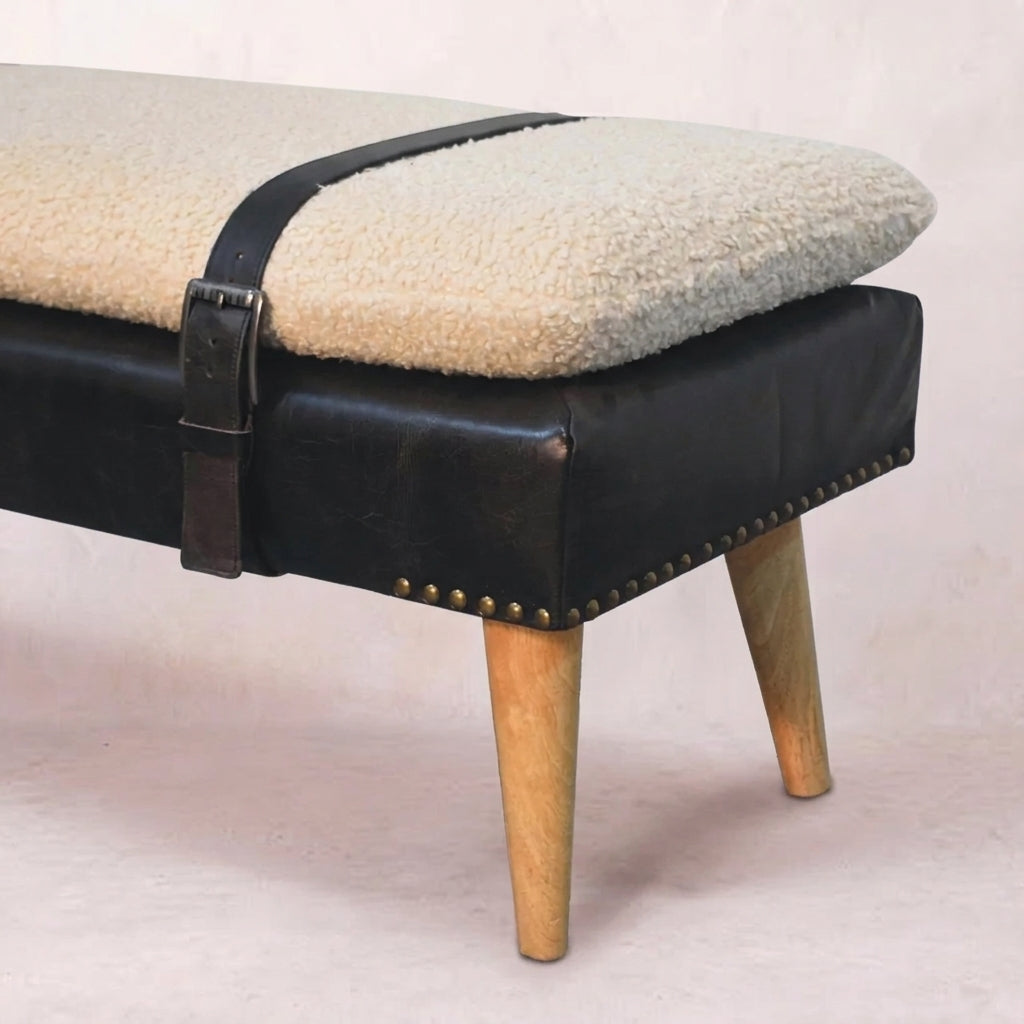 Bouclé Buffalo Hide Black Leather Bench