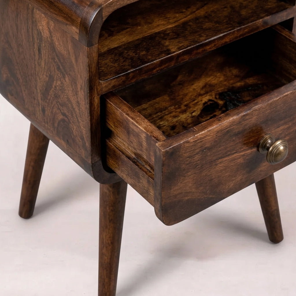 Mini California Walnut Curved Bedside with Open Slot