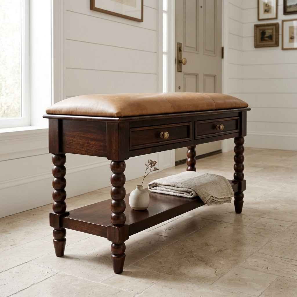 Solid Wood Winewood Oak Leather Bench