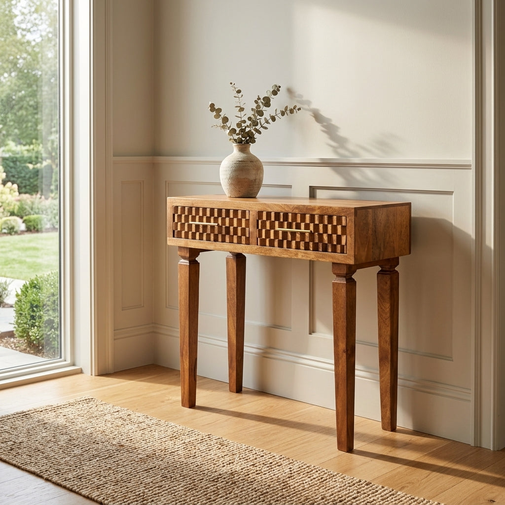 Solid Wood Golden Teak Carved Twin-Drawer Console