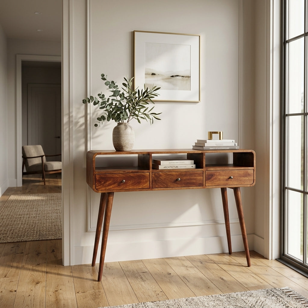 Triple Curved Chestnut Console Table