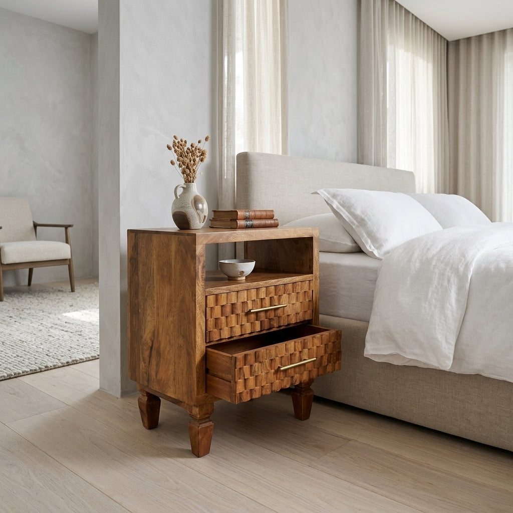 Solid Wood Golden Teak Carved Open-Shelf Bedside