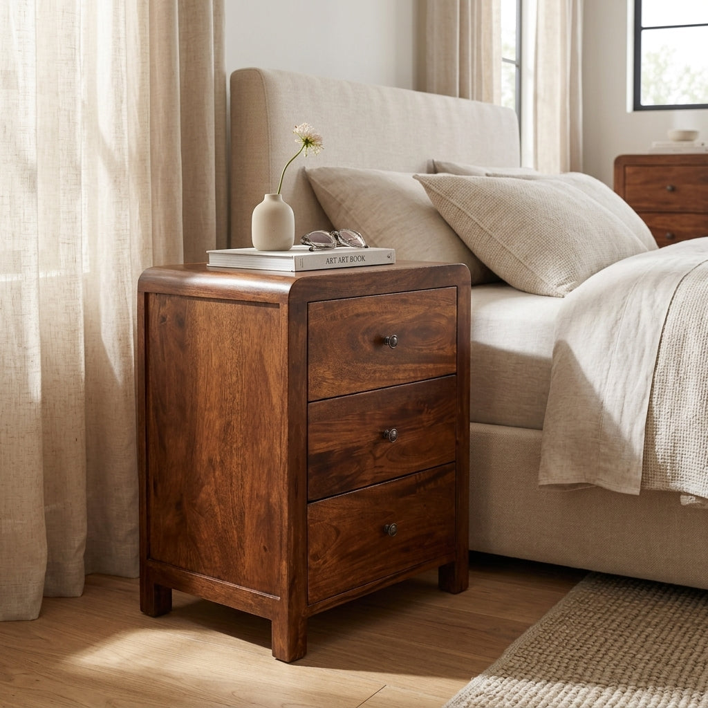 Chestnut Solid Wood Rounded 3 Draw Nightstand