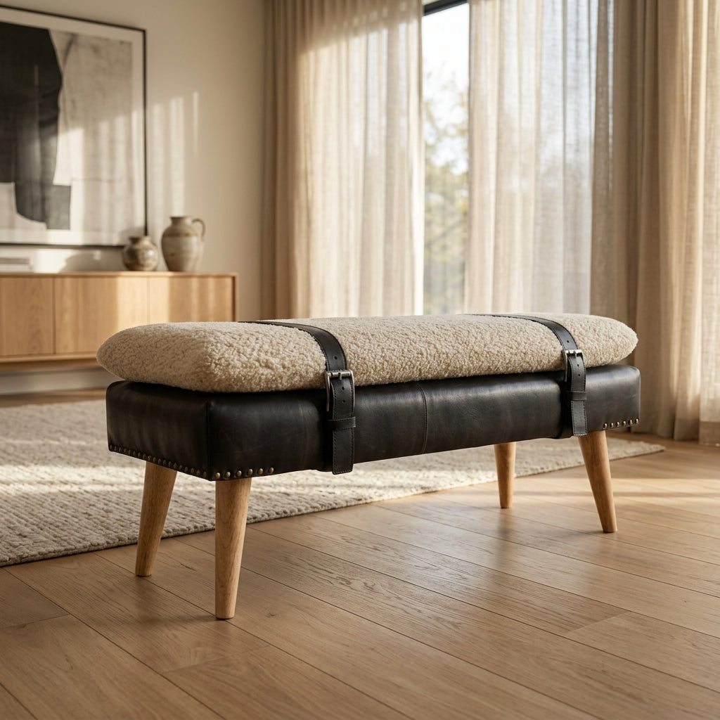 Bouclé Buffalo Hide Black Leather Bench