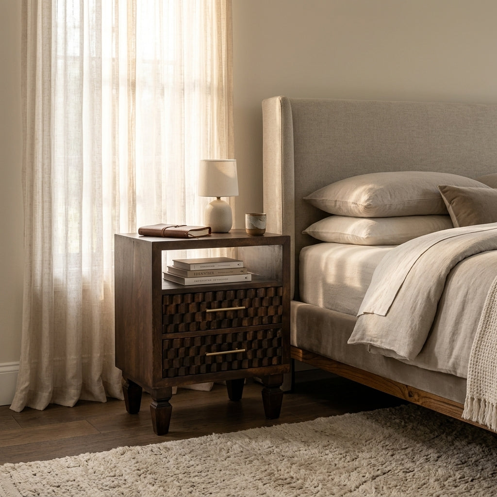 Solid Wood Velvet Mocha Carved Bedside Table