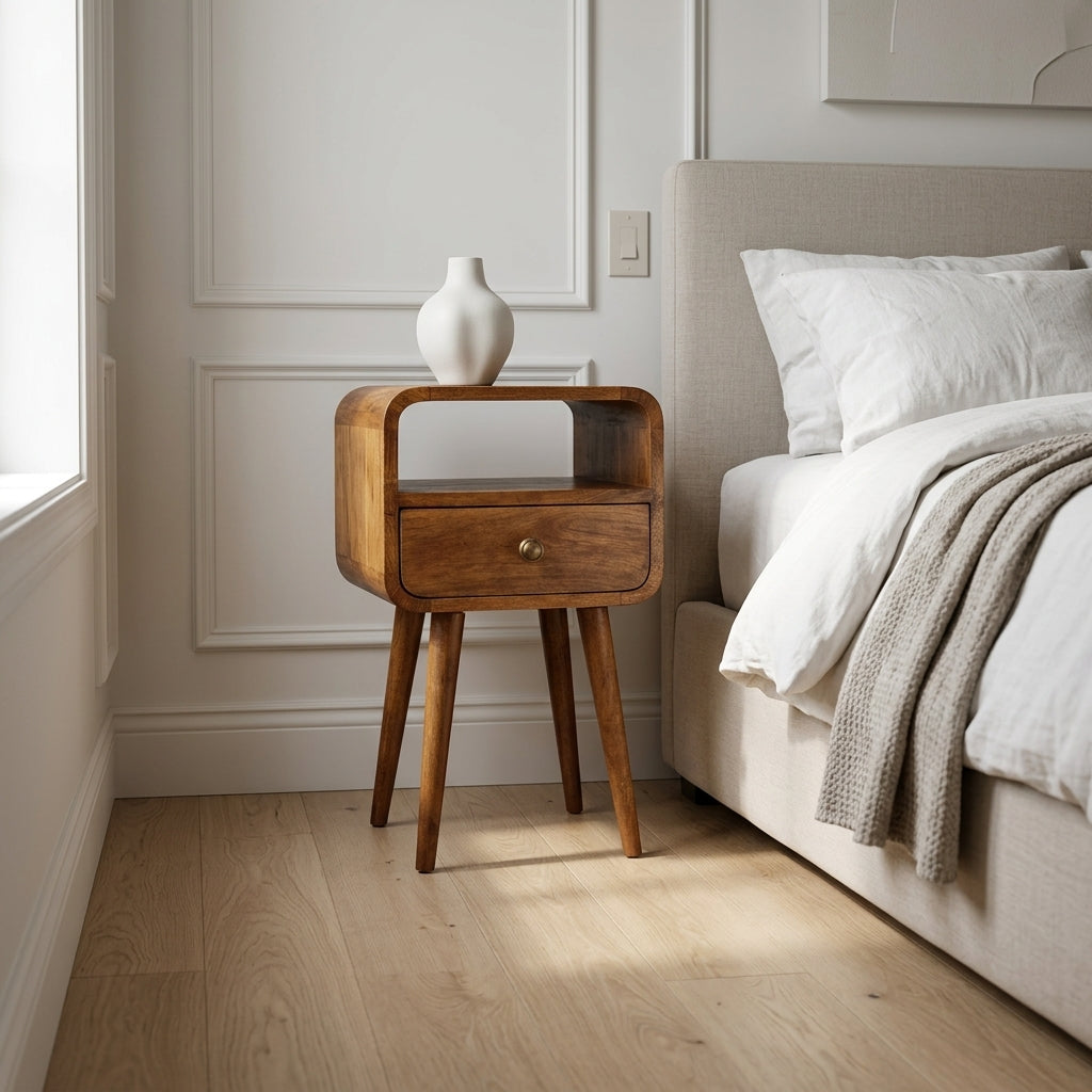 Mini Honey Caramel Curved Bedside with Open Slot