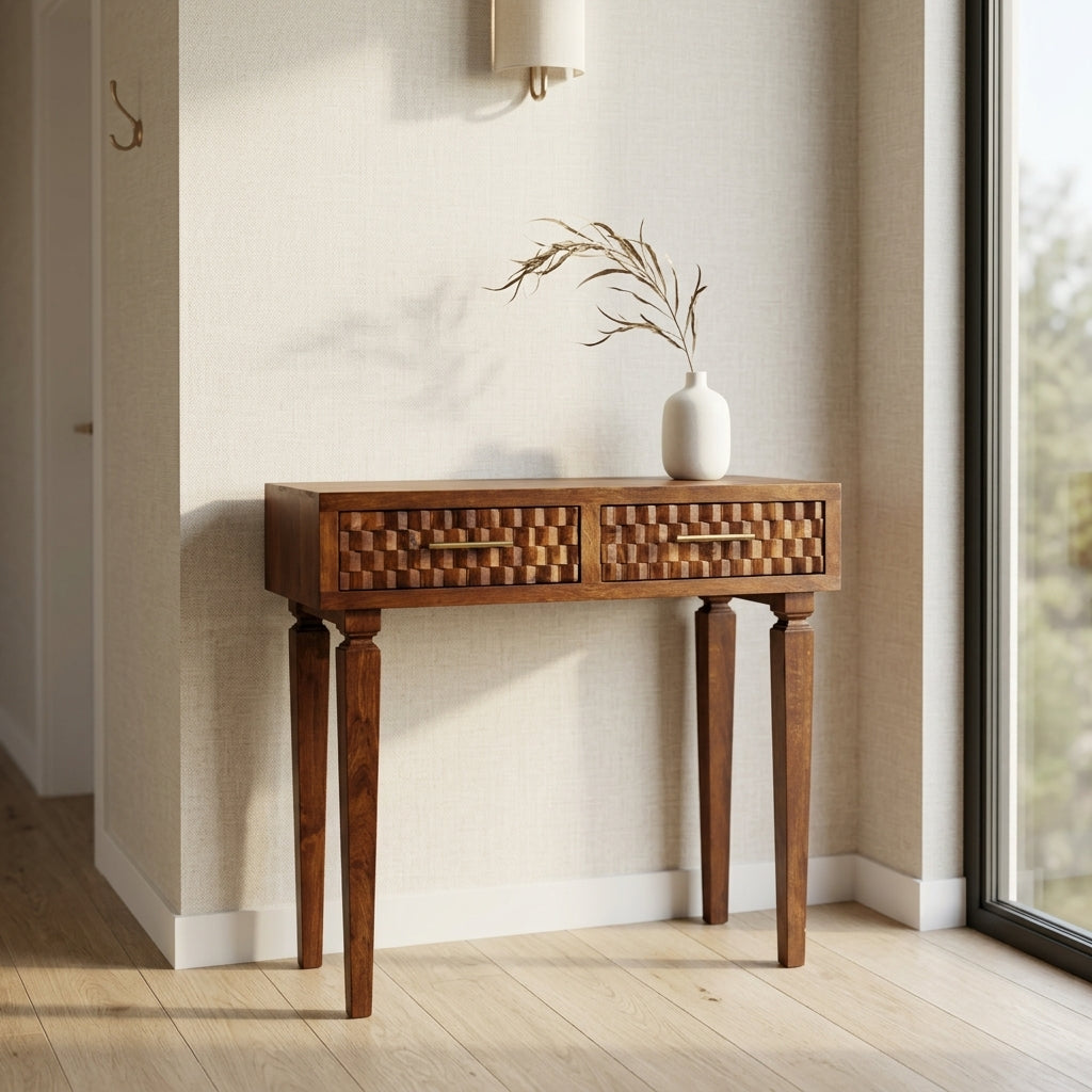 Solid Wood Chestnut Carved Console Table