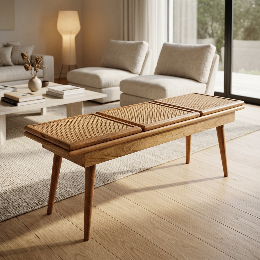 Larissa Triple Accent Oak-ish Cane Bench
