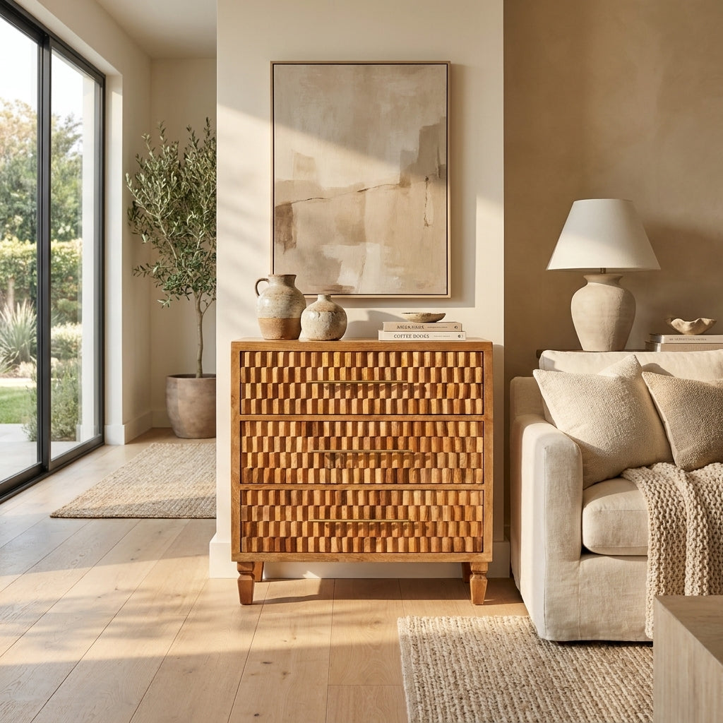 Solid Wood Golden Teak Carved Storage Chest