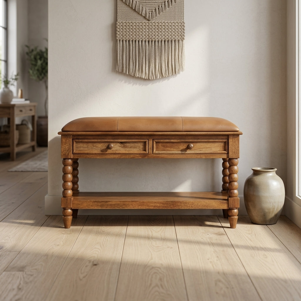 Solid Wood Amber Oak Leather Bench