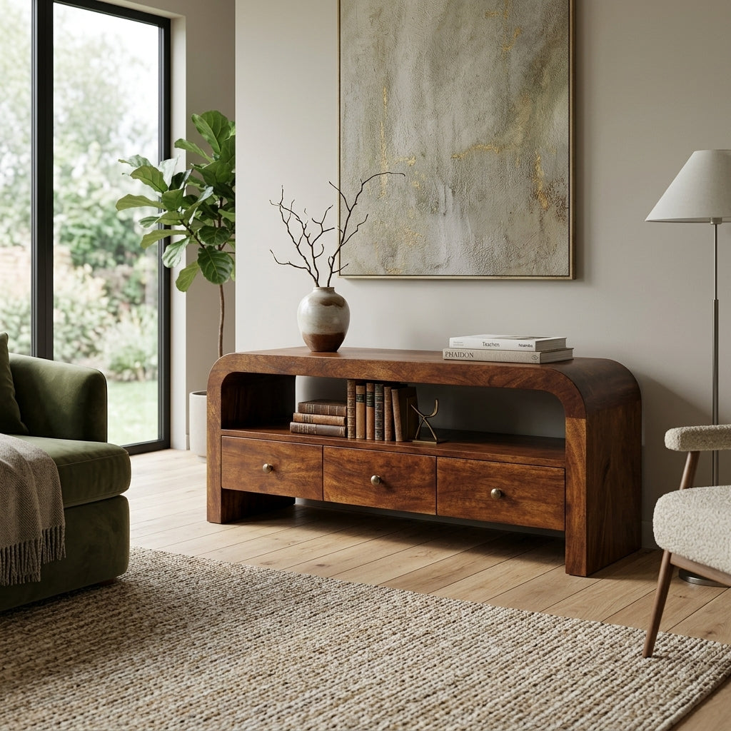Solid Wood 3 drawer Open Shelf Chestnut Media unit